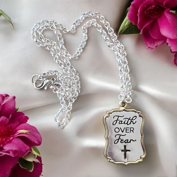 Silver and Gold Toned Pendant Necklace with Cross Detail “Faith Over Fear” - Picture 13 of 17